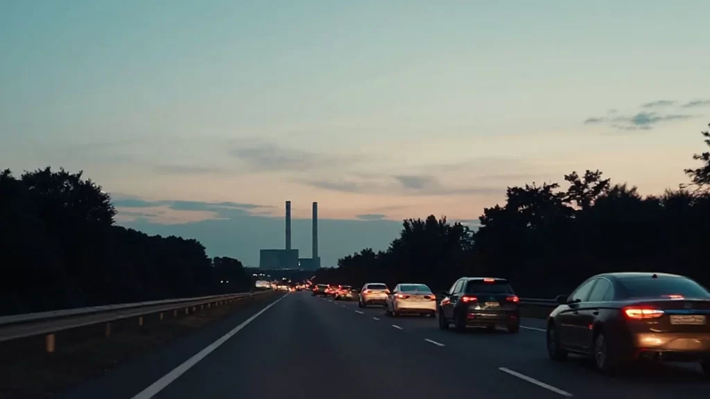 Akşam saatlerinde yoğun trafik ve uzakta bir santral bacası